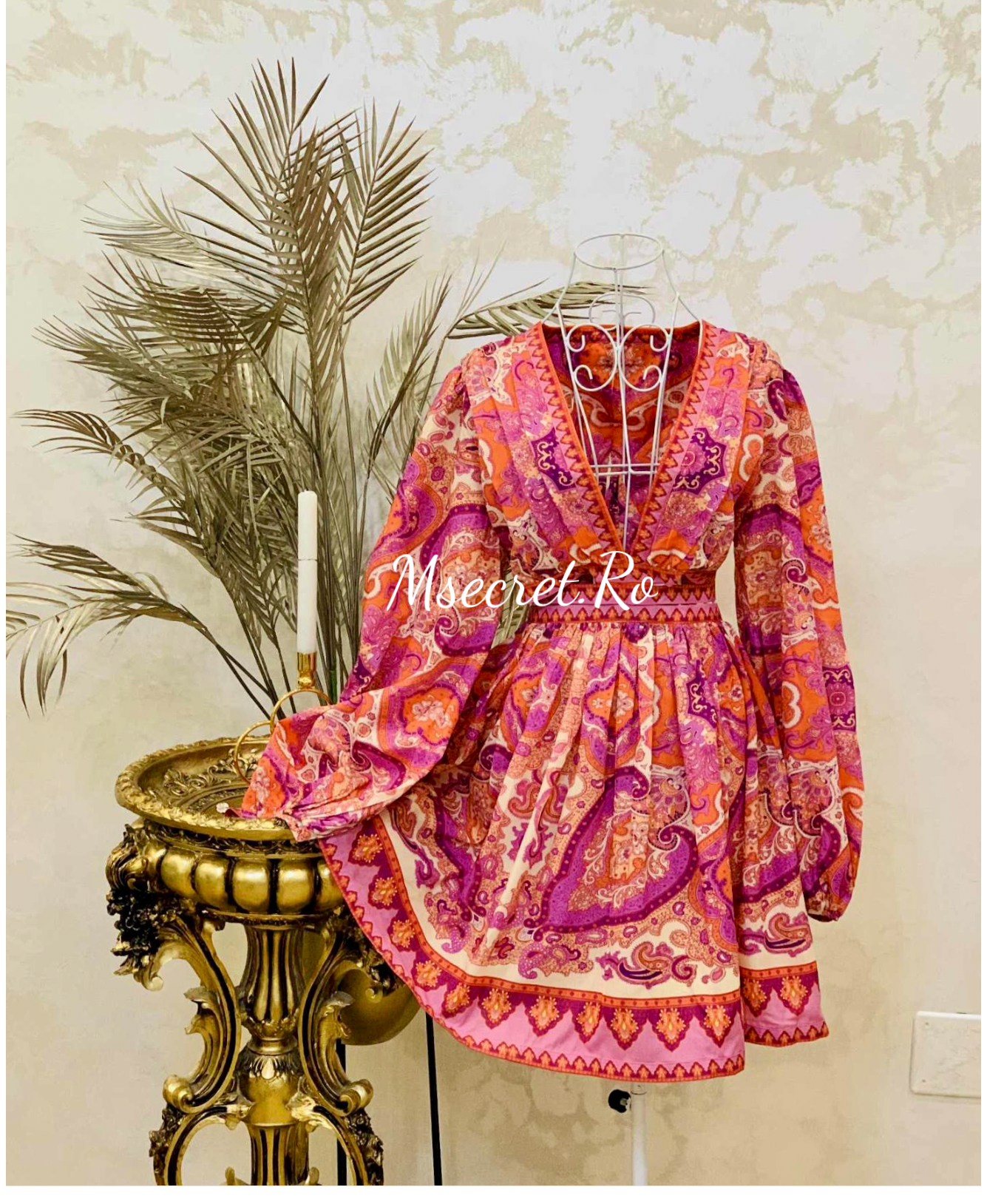 Rochie roz din bumbac cu imprimeu oriental