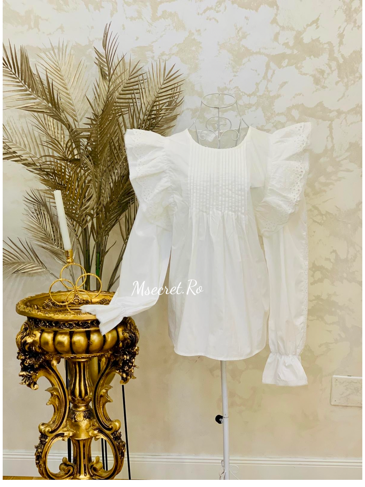 Camasa alba cu maneca lunga din bumbac cu volan