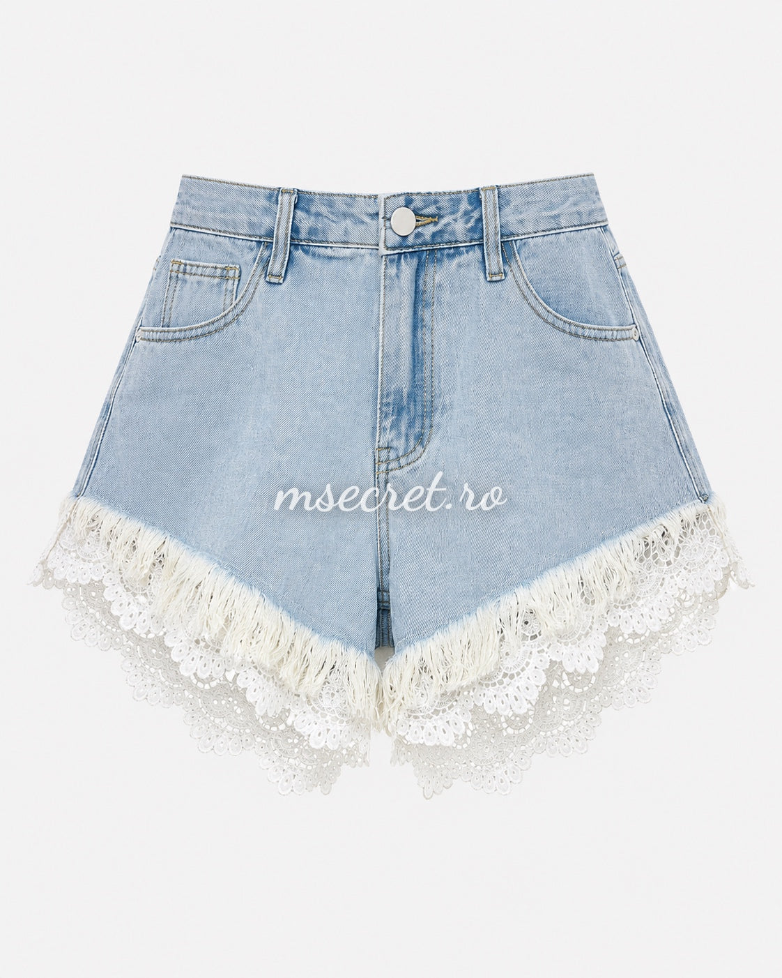 Blue denim shorts with white lace