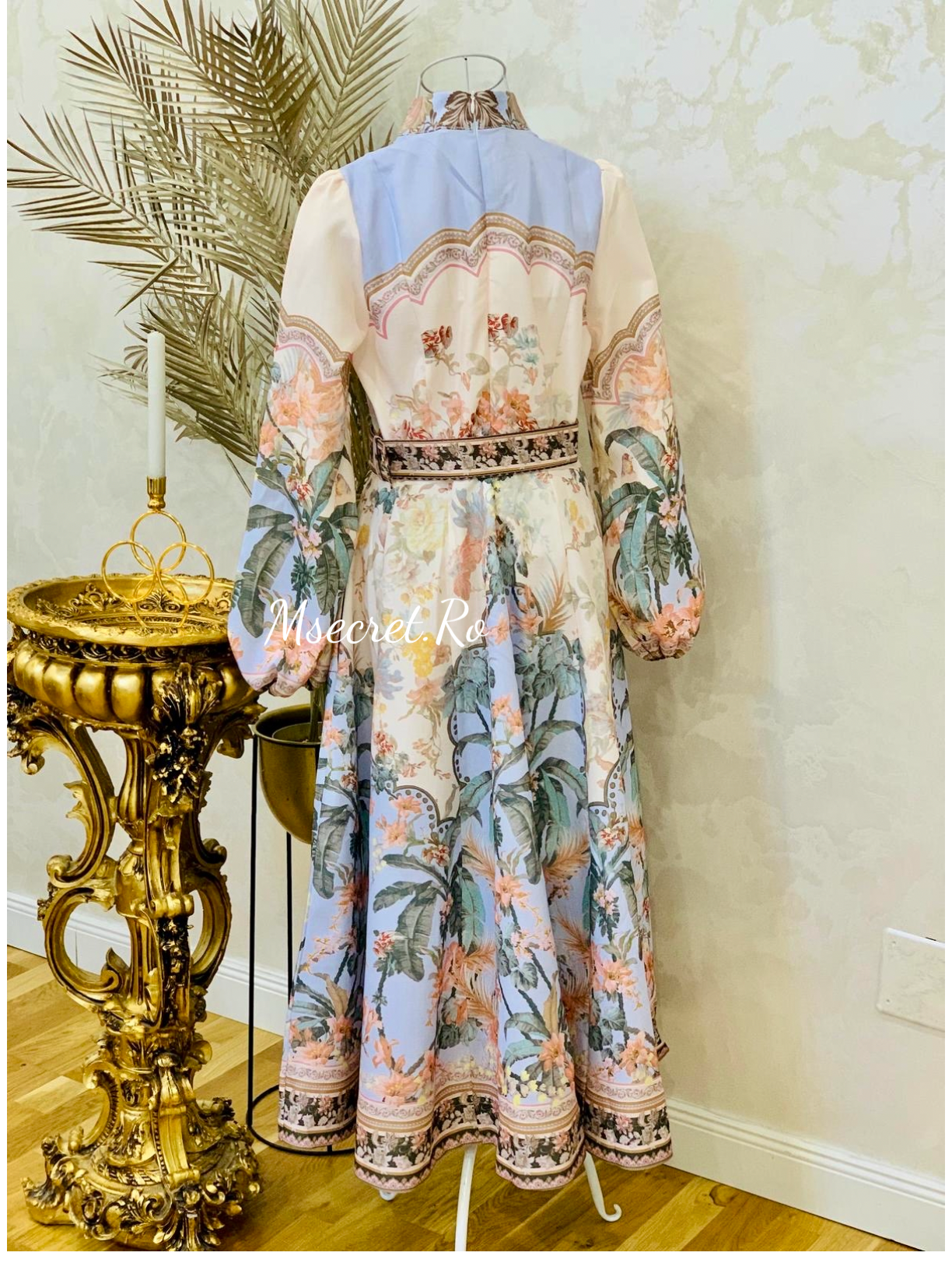 Rochie midi din in cu maneca lunga Palm
