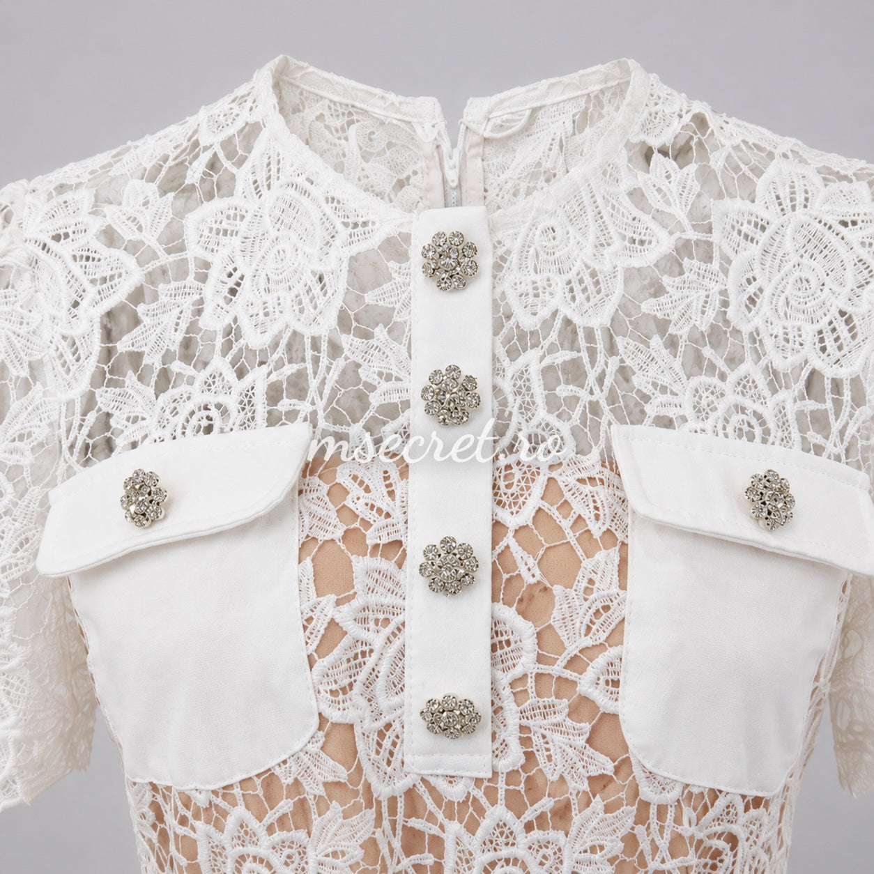 White lace dress with jewel buttons