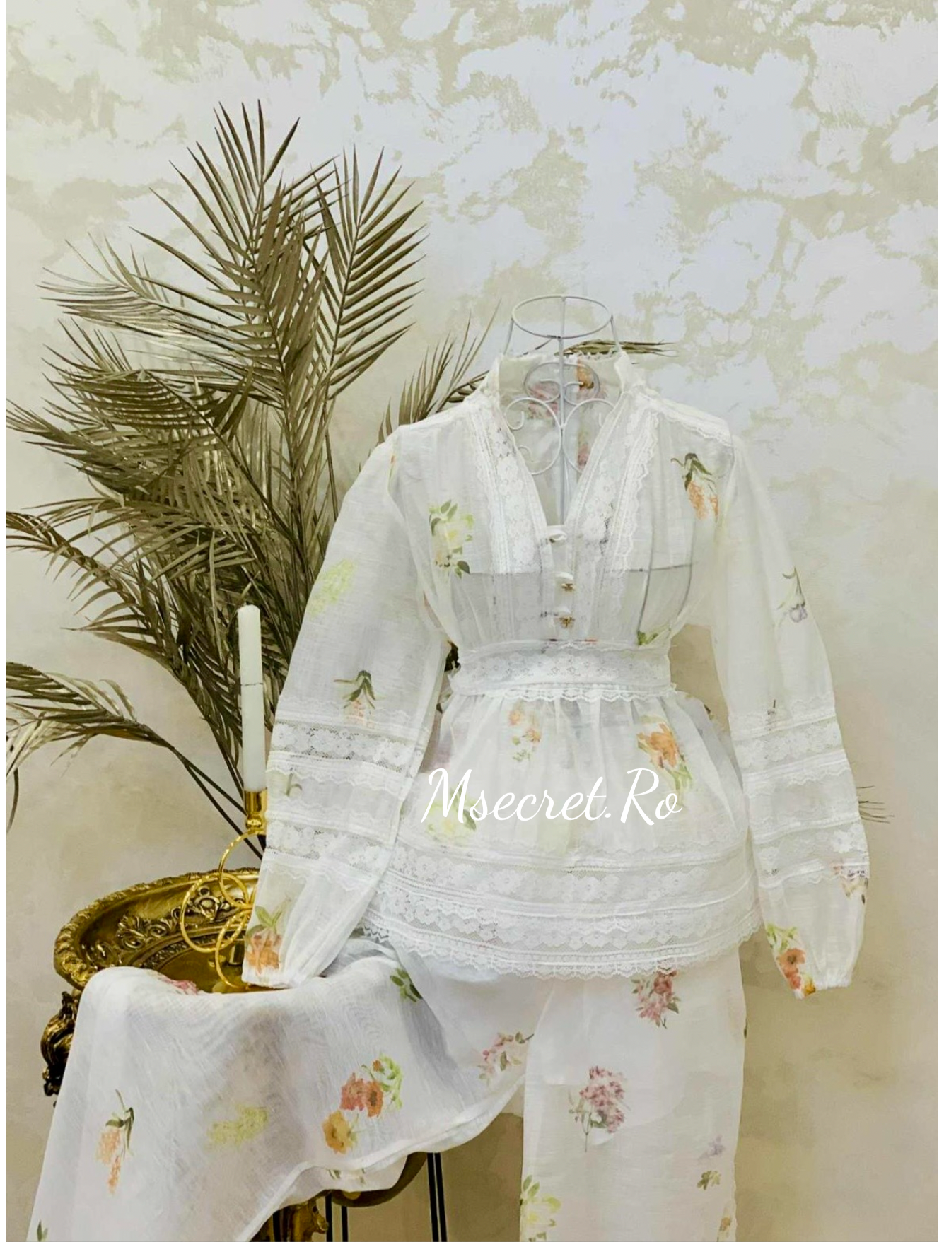 Compleu din in si matase cu broderie și imprimeu pastelat