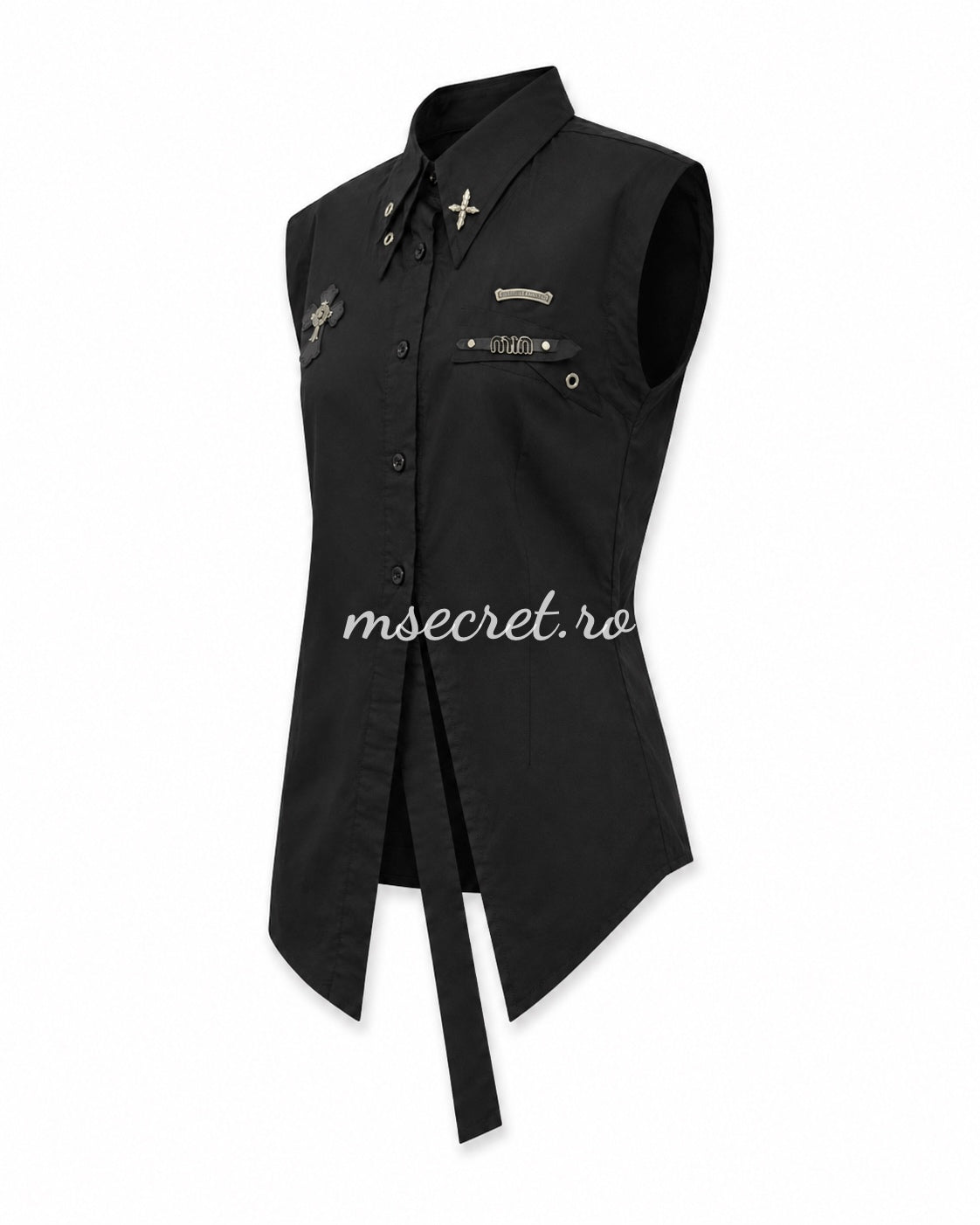 Camasa neagra din bumbac fara maneci cu aplicatii decorative