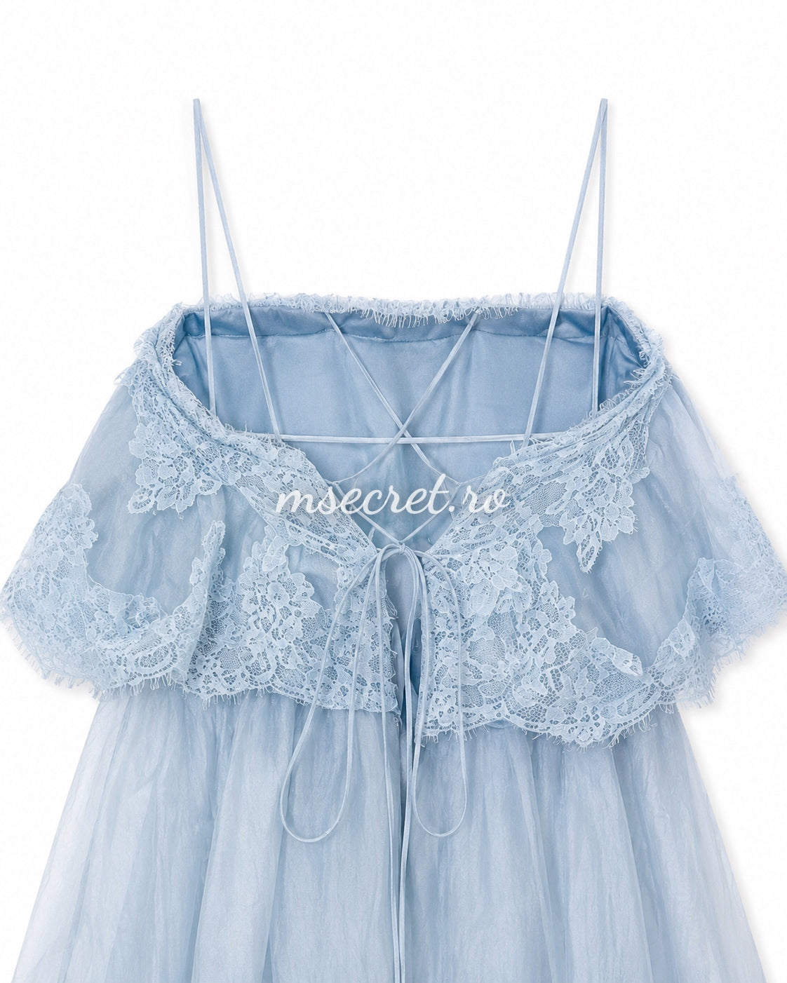 Rochie lunga blue cu volane si dantela romantica