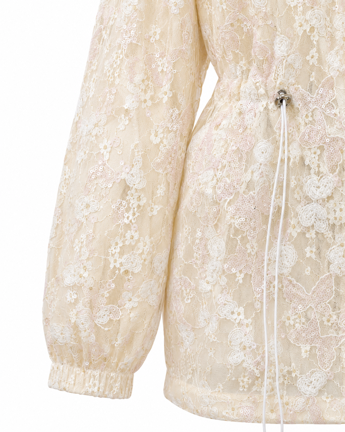 Cream jacket with butterfly sequins and hood