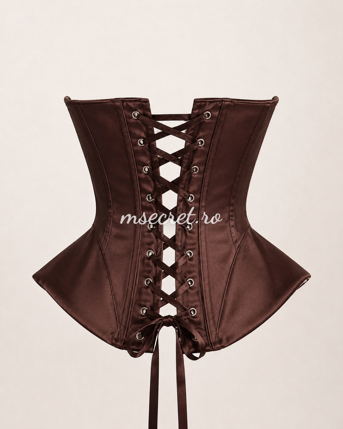 Brown satin corset with contoured cups and a sculptural design