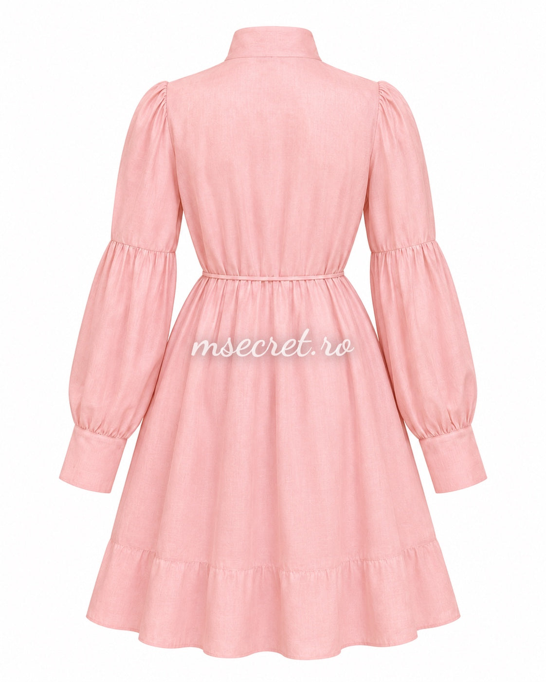 Rochie roz pastel cu maneca lunga din in si bumbac cu talie reglabila