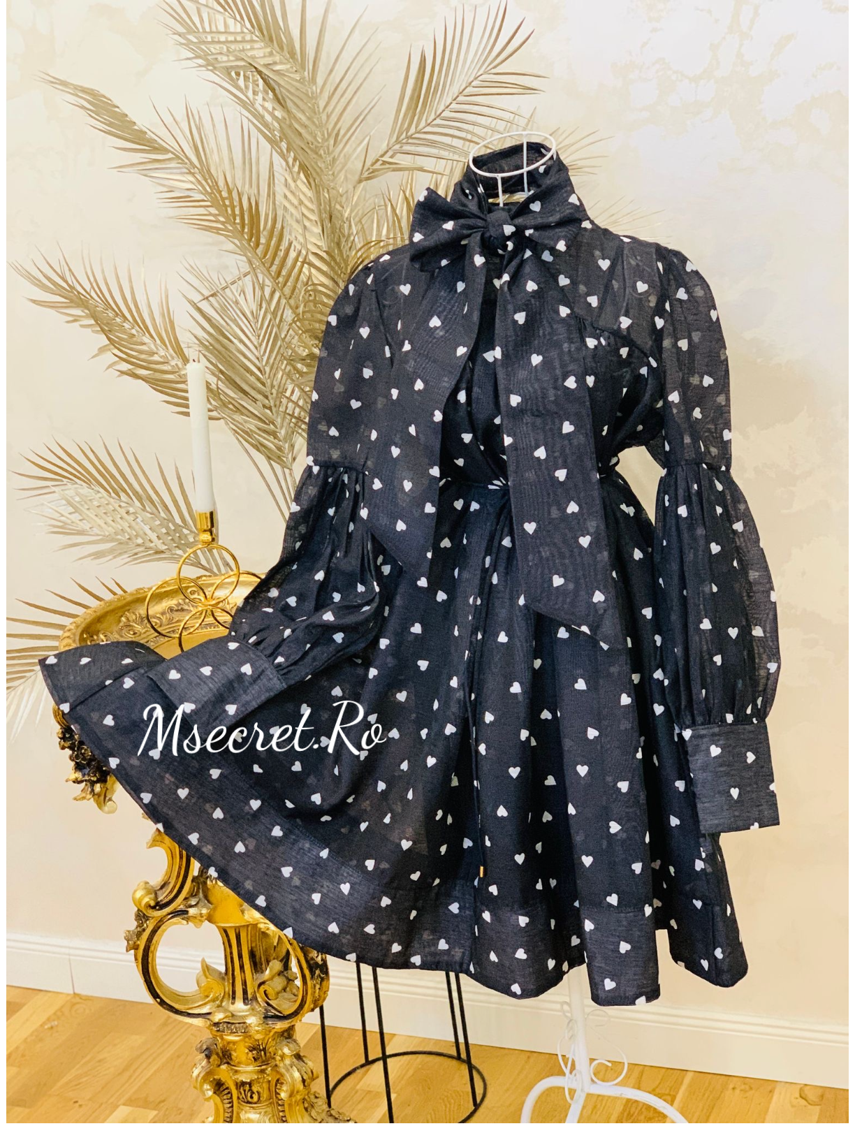 Rochie neagra cu maneca lunga din in si bumbac cu talie reglabila