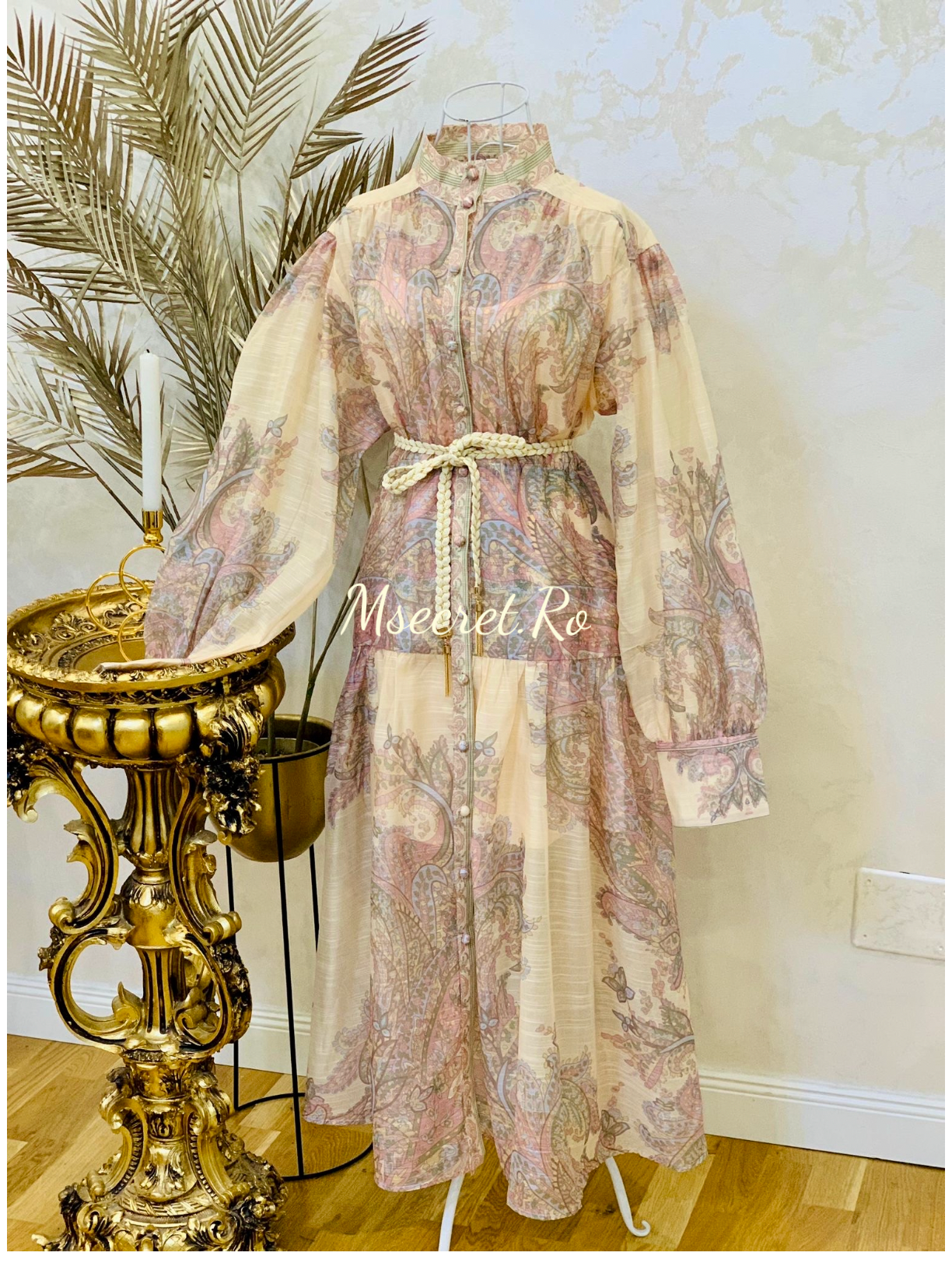 Rochie midi din in si bumbac cu maneca lunga Mira