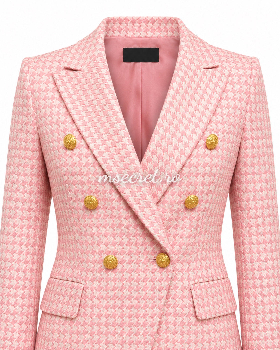 Pink houndstooth blazer with gold buttons