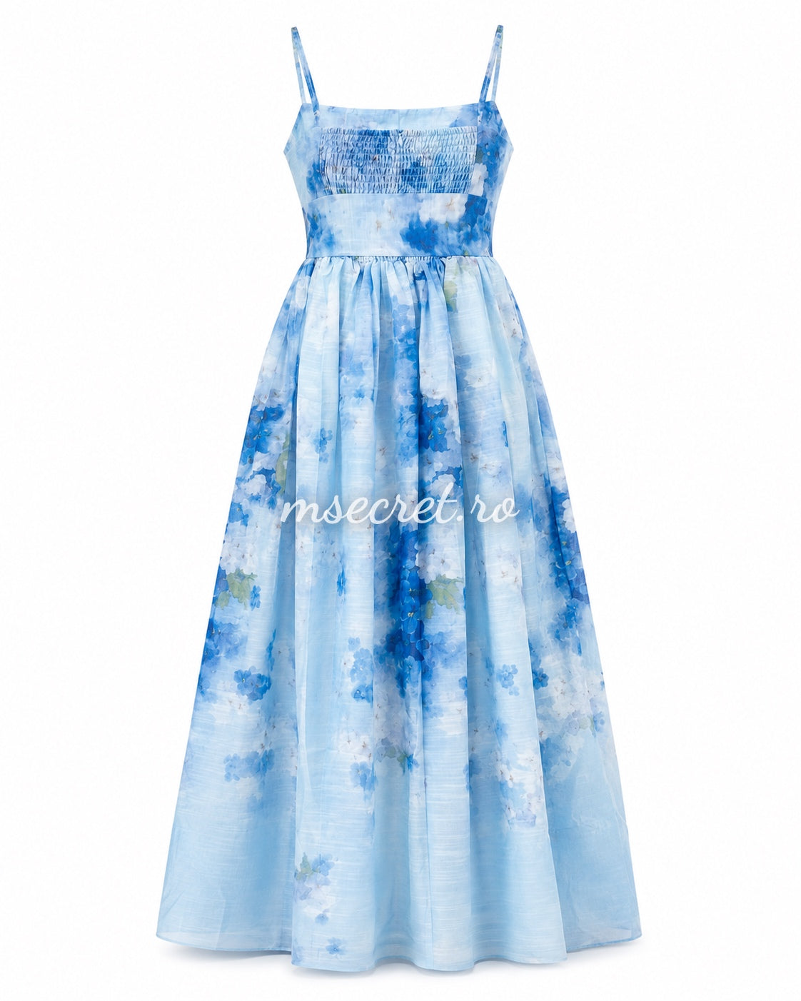 Rochie din in bleu cu imprimeu decorativ si cordon in talie