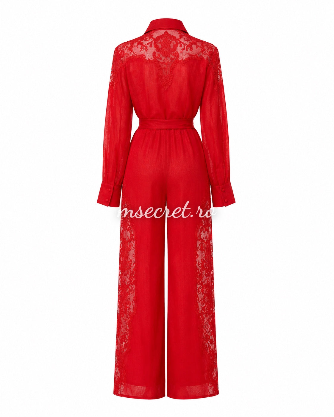 Compleu elegant rosu din in cu broderie florală – camasa vaporoasă și pantaloni largi