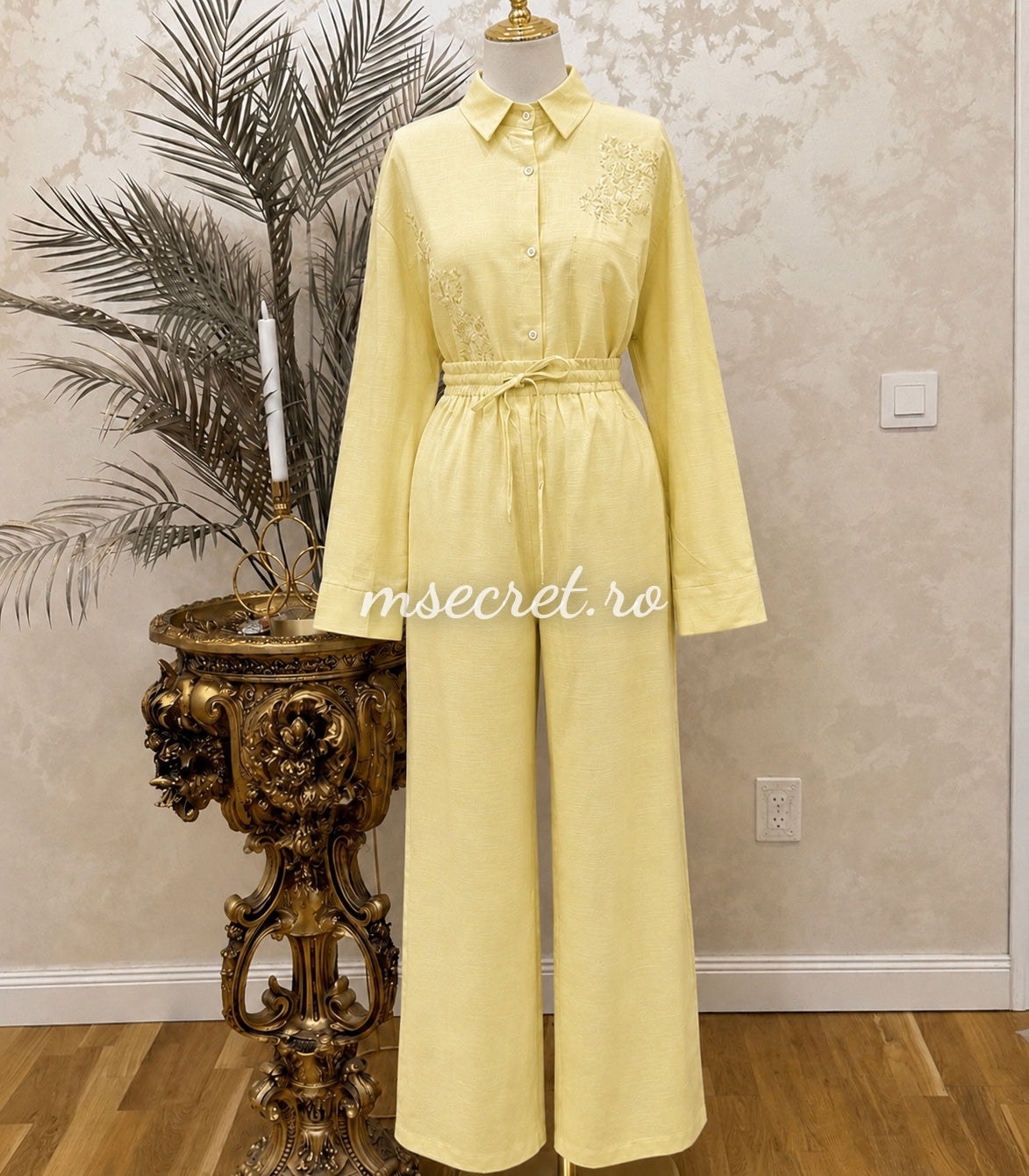 Yellow linen set with embroidery shirt and wide-leg pants