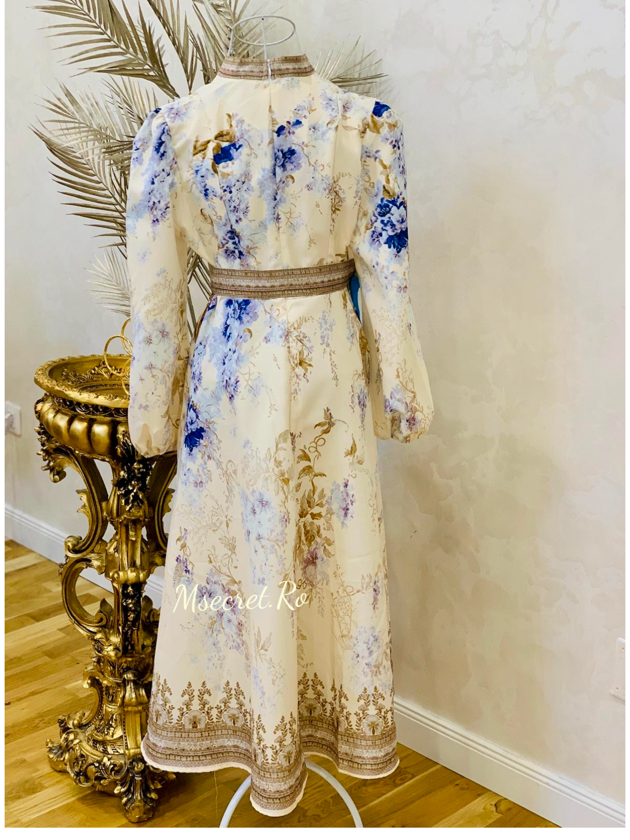 Rochie midi din in cu maneca lunga Blue