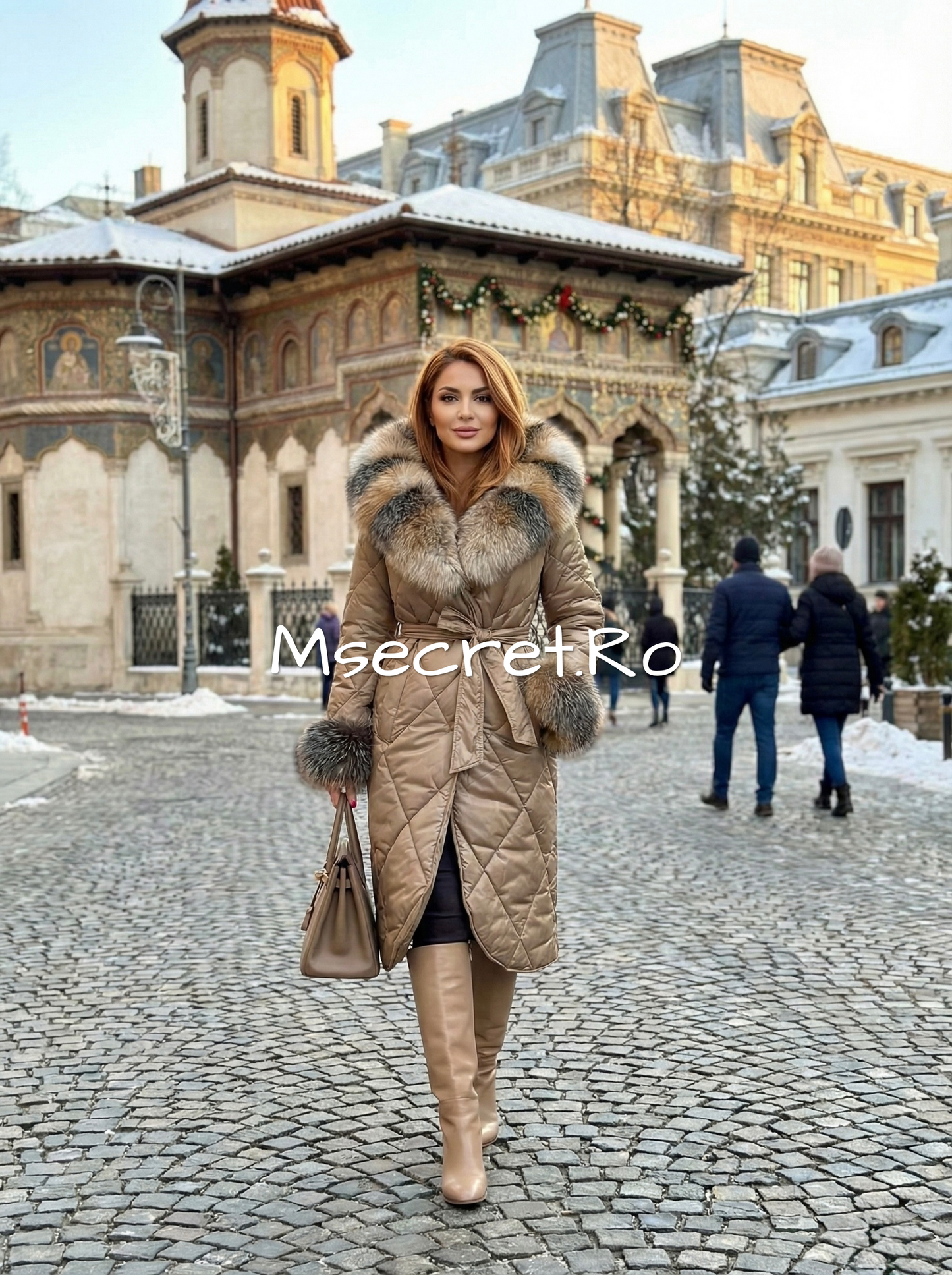 Beige waterproof jacket with natural fur