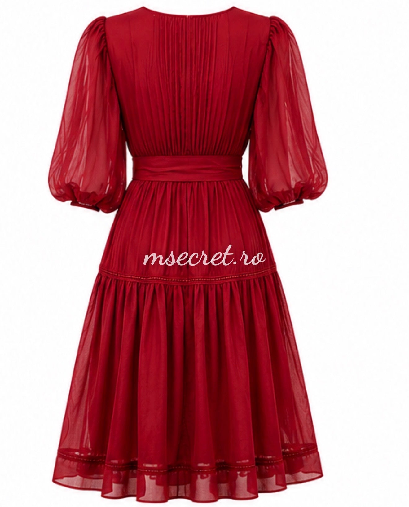 Rochie burgundy eleganta cu maneci bufante