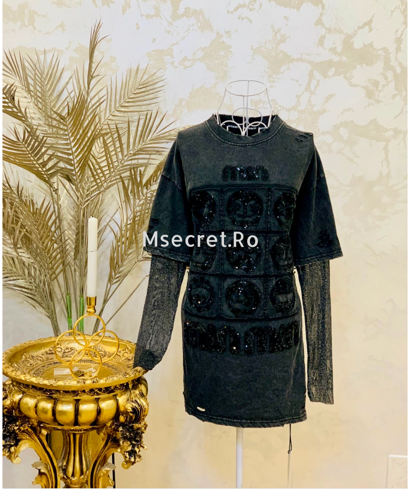 Tricou negru din bumbac cu maneca plasa