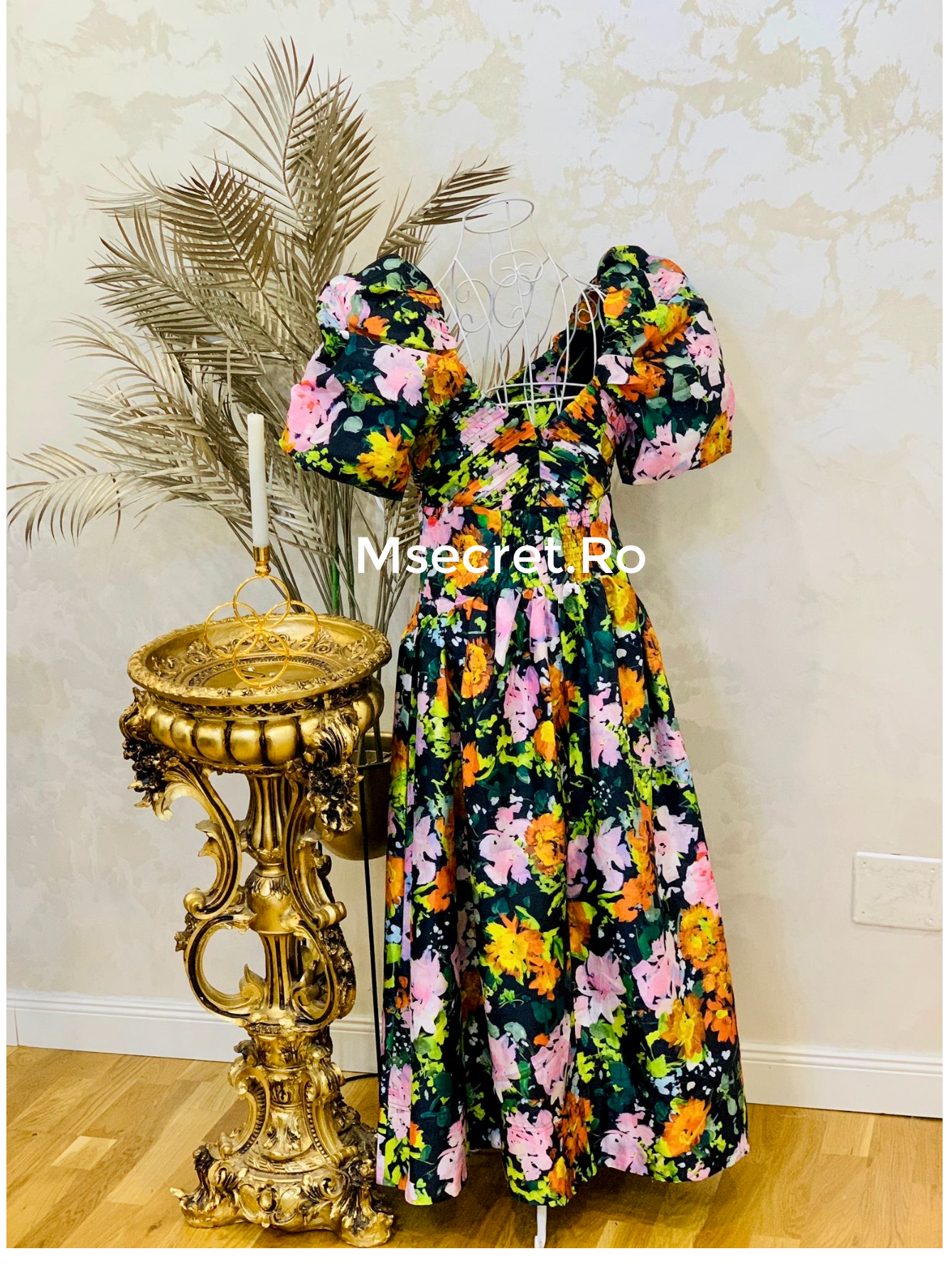 Rochie din tafta cu imprimeu floral și mâneci bufante