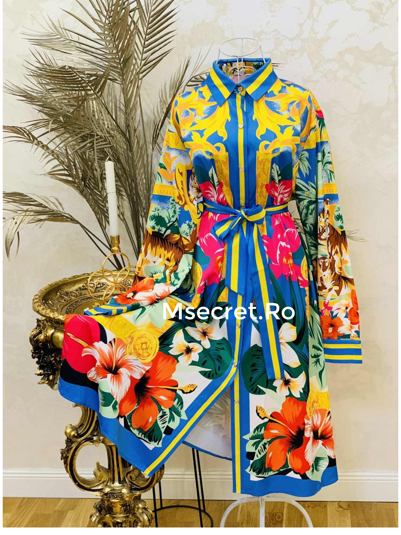 Rochie cămașă cu imprimeu tropical și cordon în talie