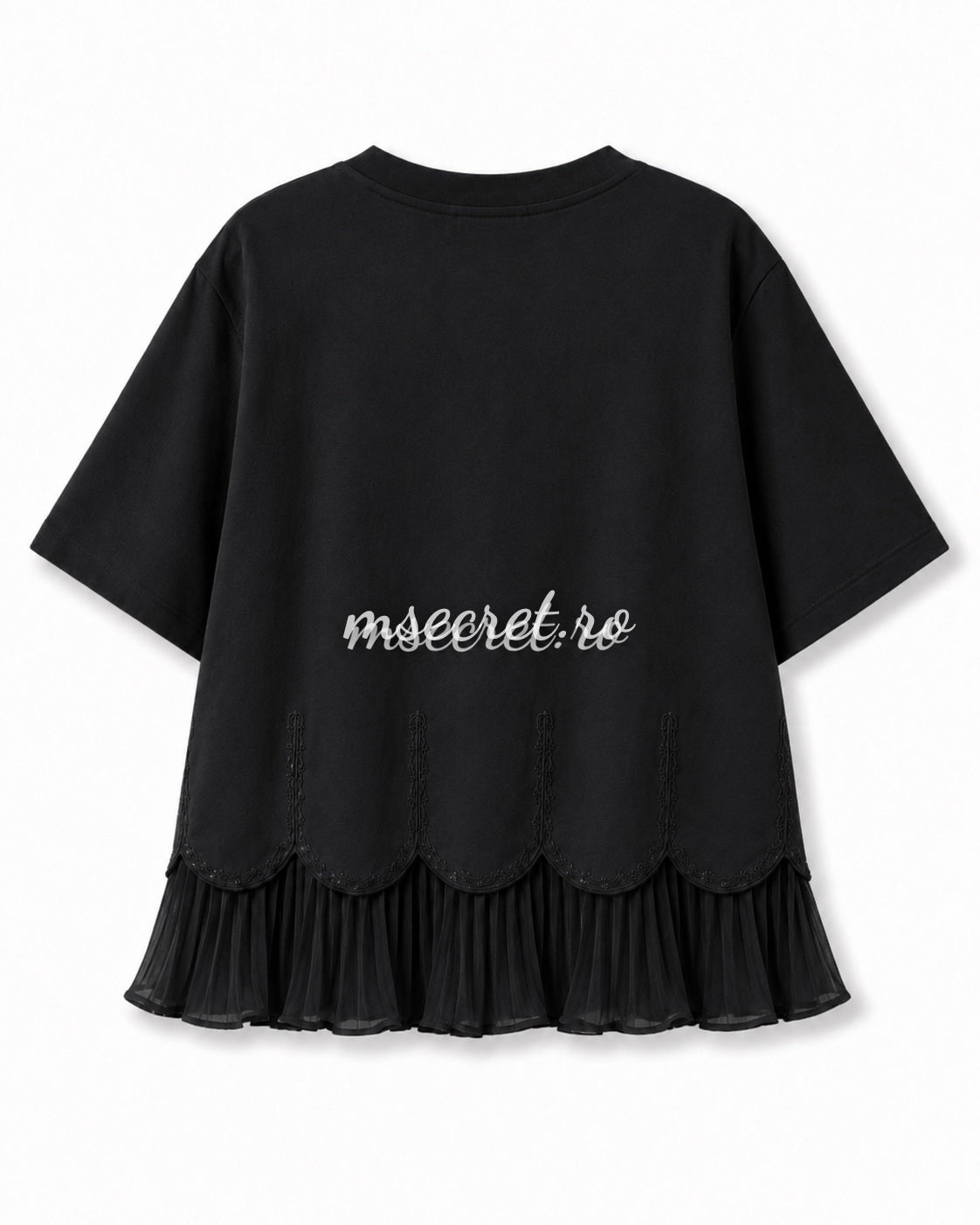 Tricou negru din bumbac cu volan plisat