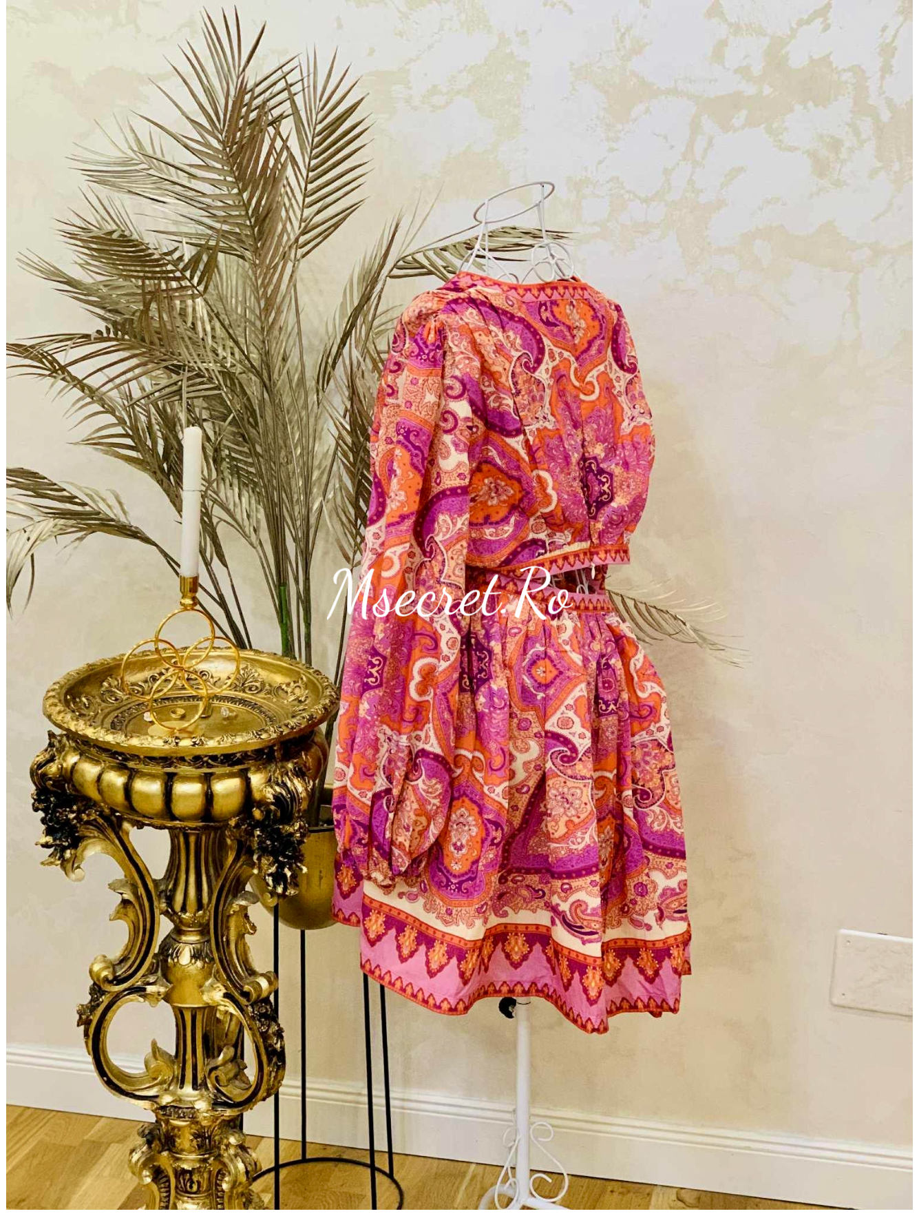 Rochie roz din bumbac cu imprimeu oriental