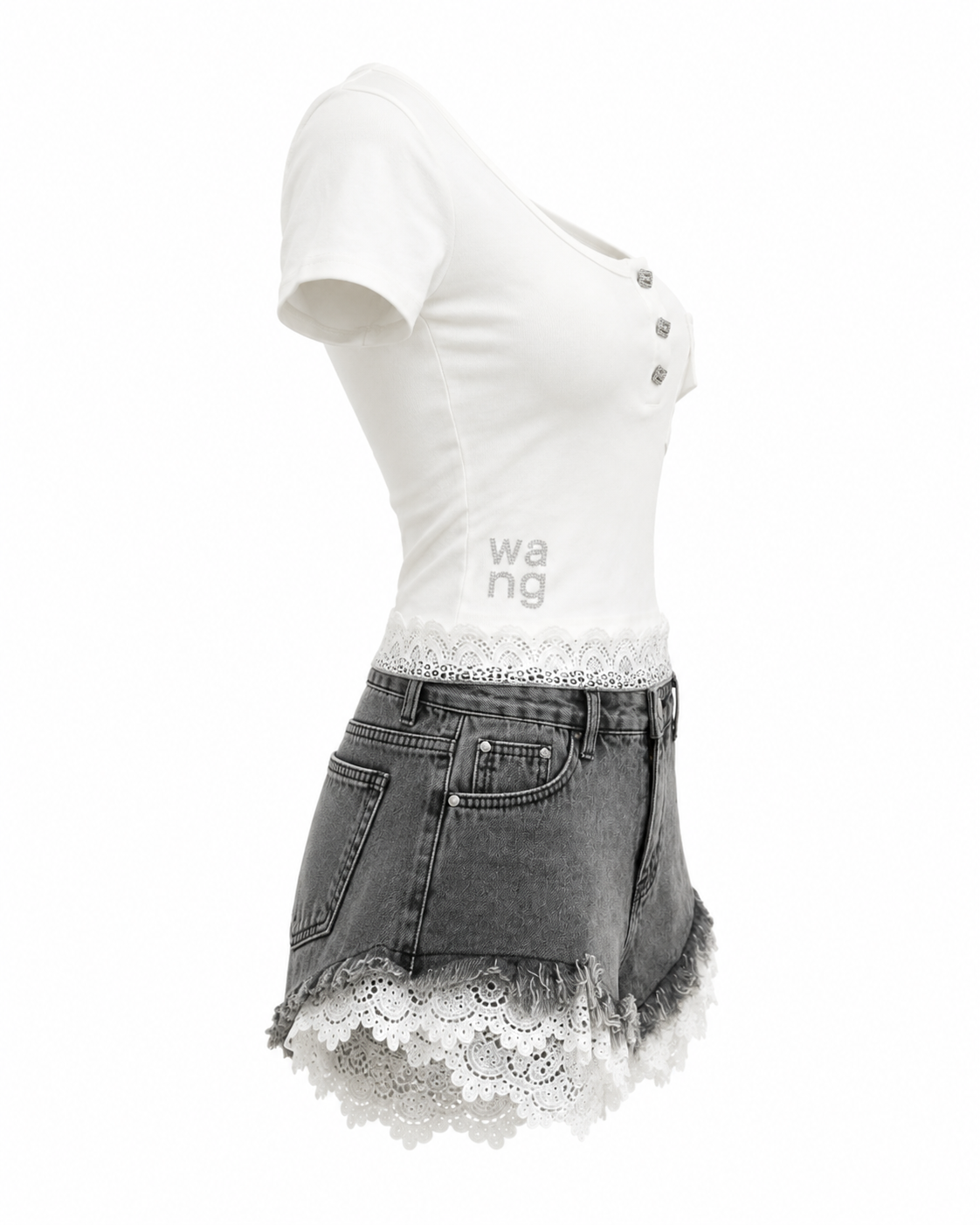 Pantaloni scurti gri din denim cu dantela alba