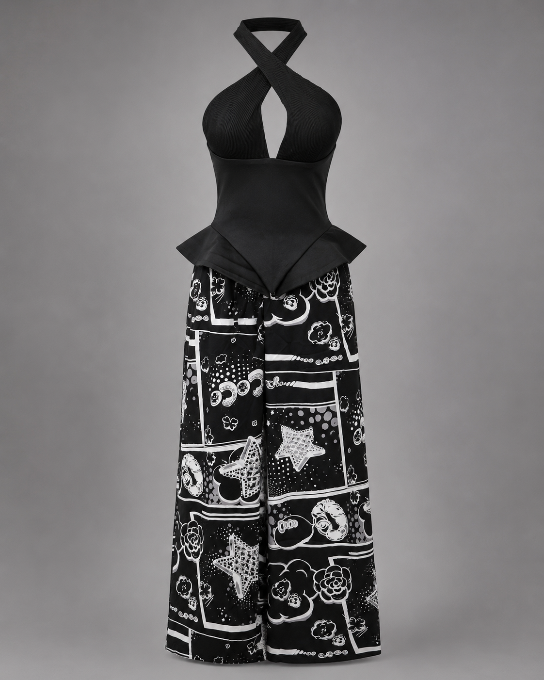 Pantaloni negri lungi din satin cu imprimeu grafic