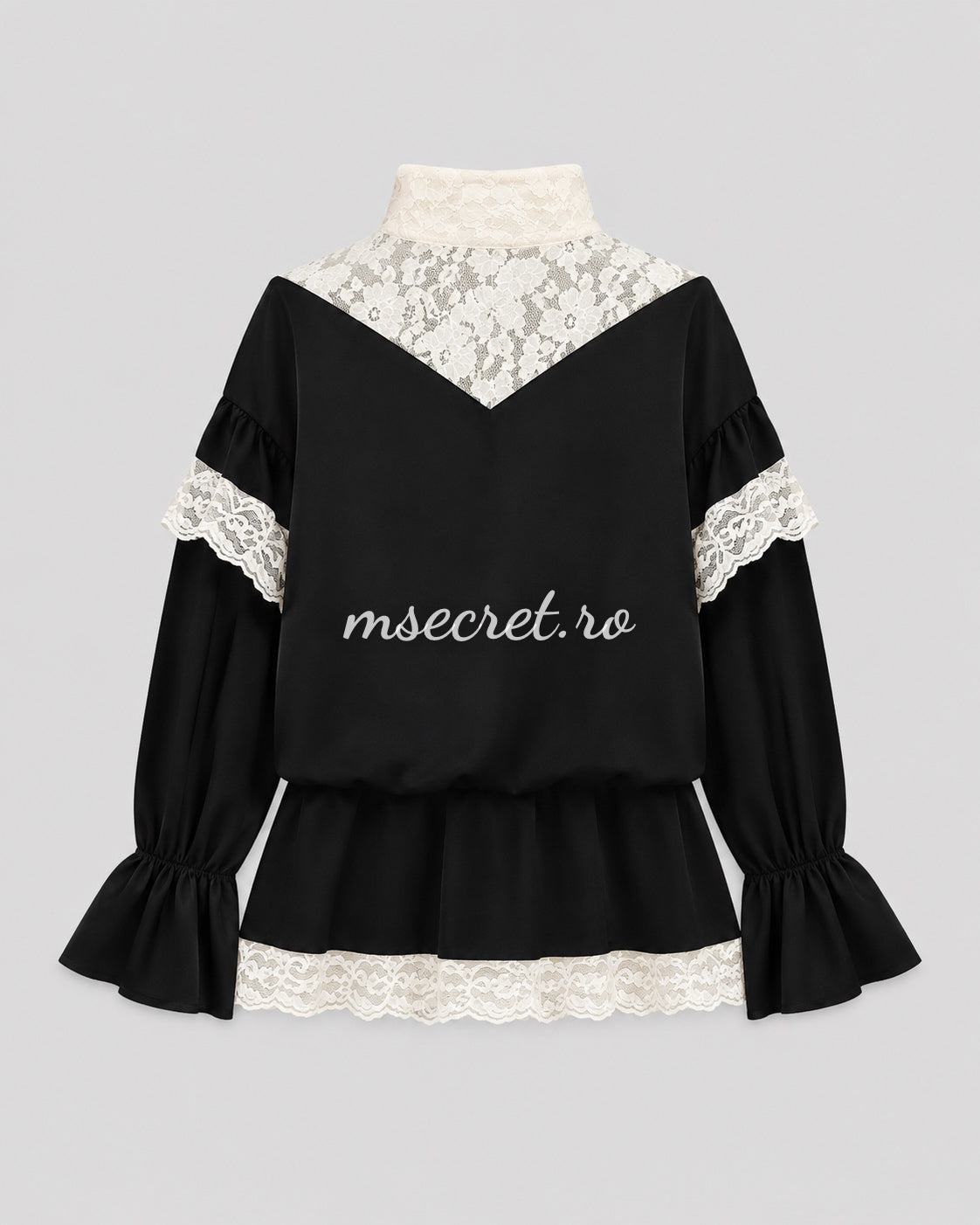 Rochie scurta neagra cu dantela si volane feminine