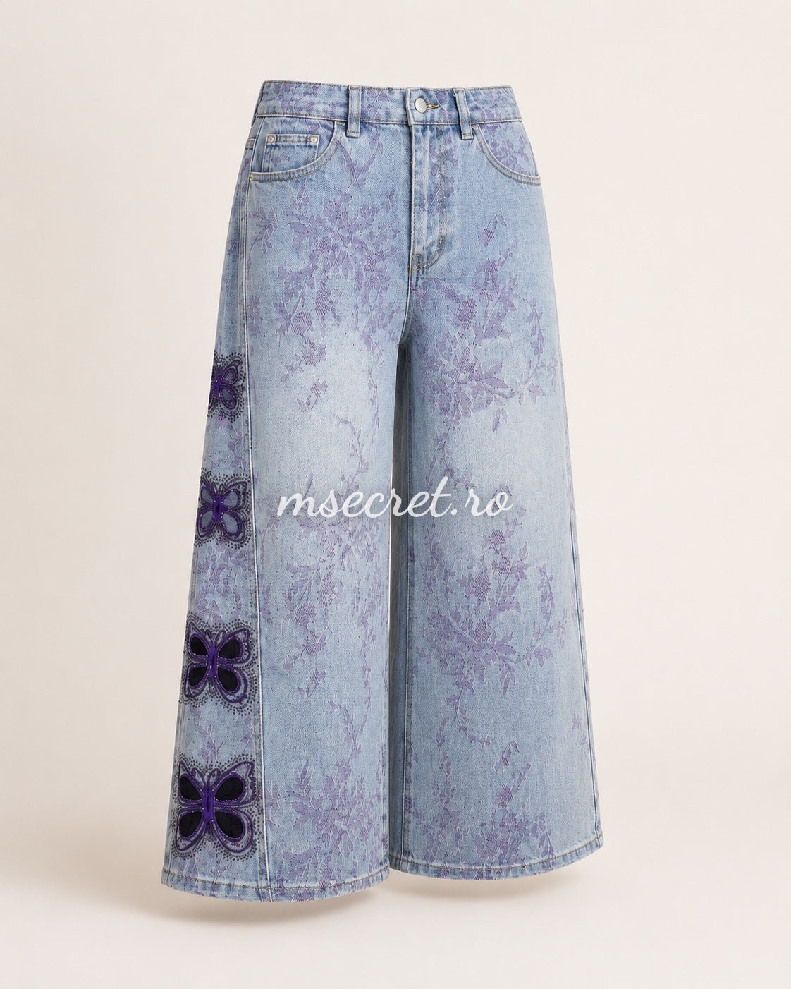 Blugi wide leg cu imprimeu floral mov si aplicatii fluturi