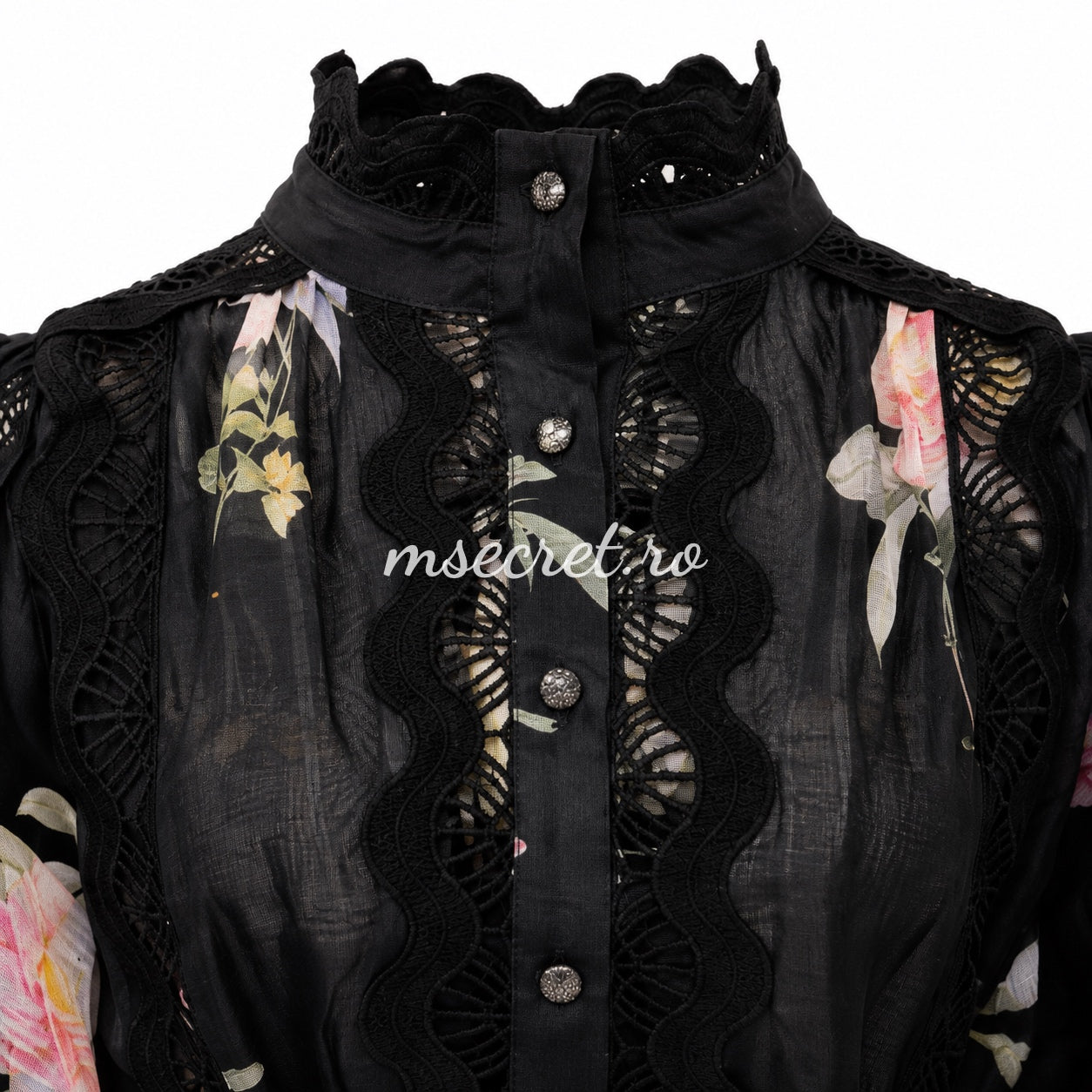Black linen dress with floral print and decorative embroidery