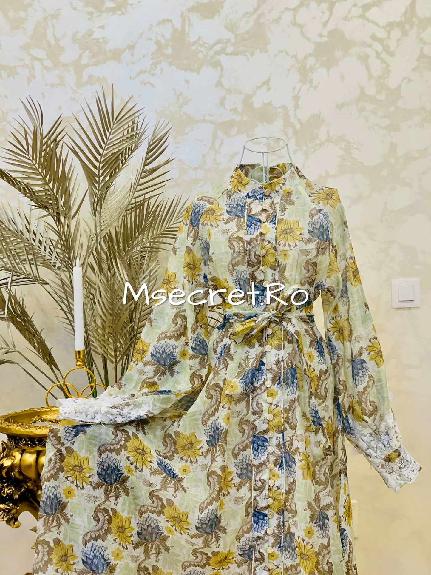 Rochie lungă din in cu imprimeu floral și dantela