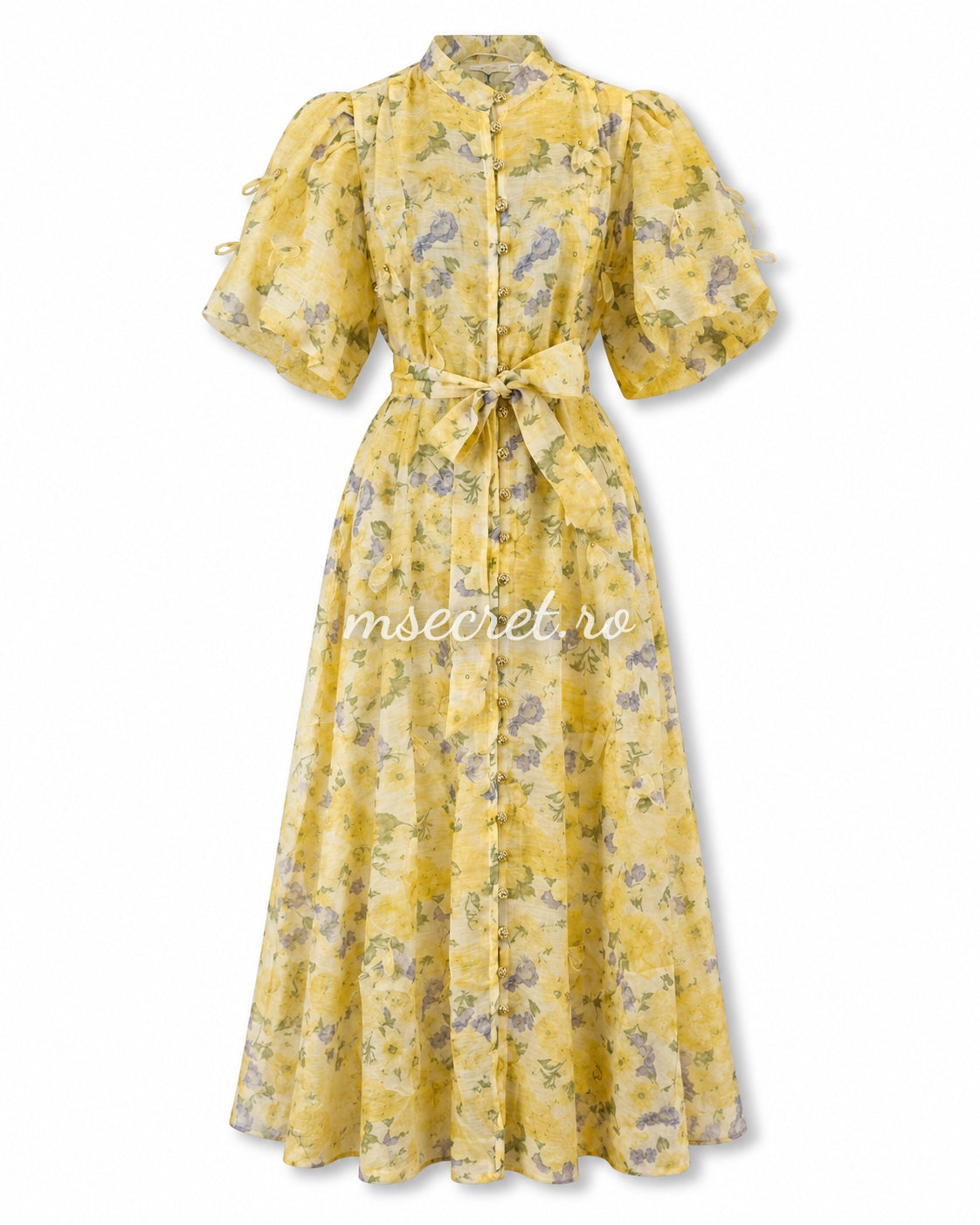 Rochie din in cu imprimeu floral galbena si maneci bufante