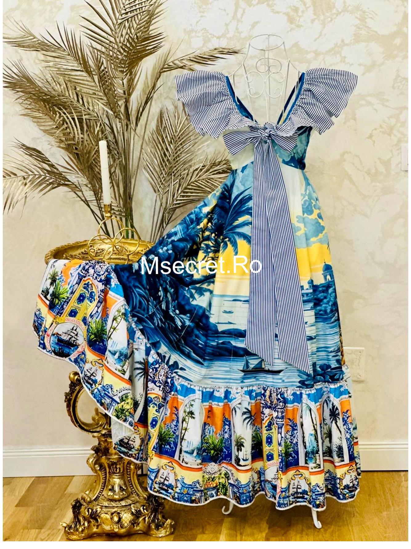 Rochie maxi cu imprimeu marin și fundă supradimensionată
