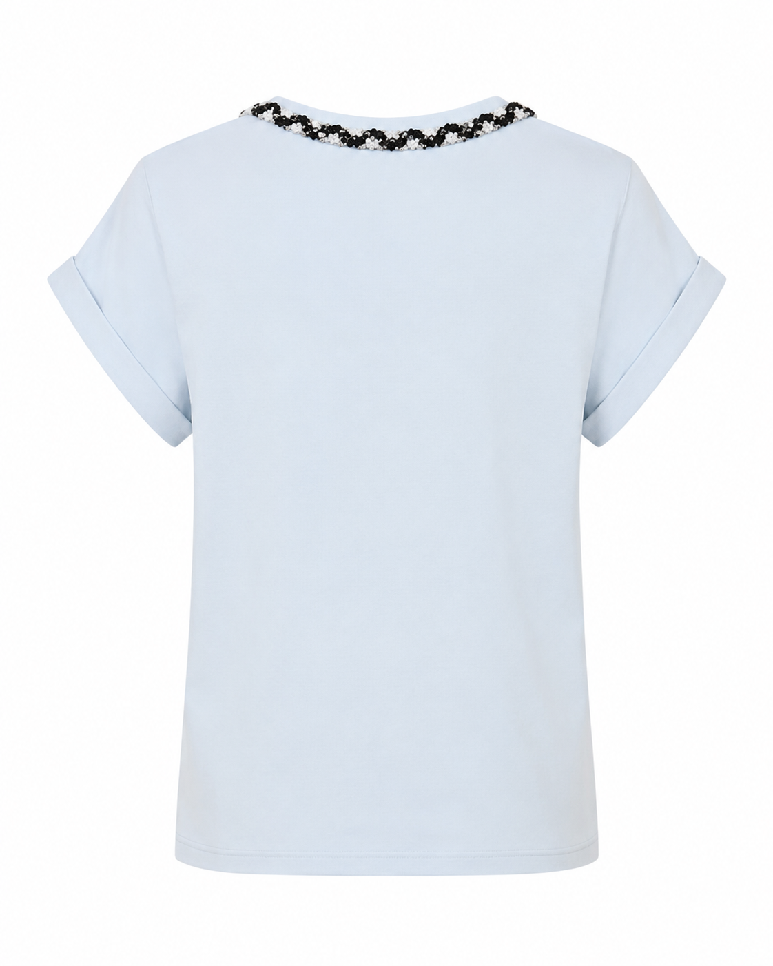Tricou bleu din bumbac cu guler decorativ si buzunar aplicat