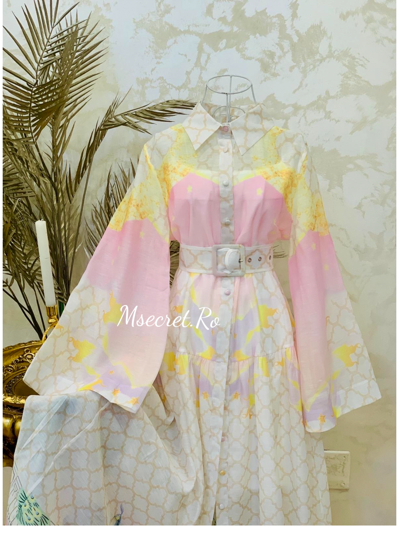Rochie din in maxi cu maneca lunga
