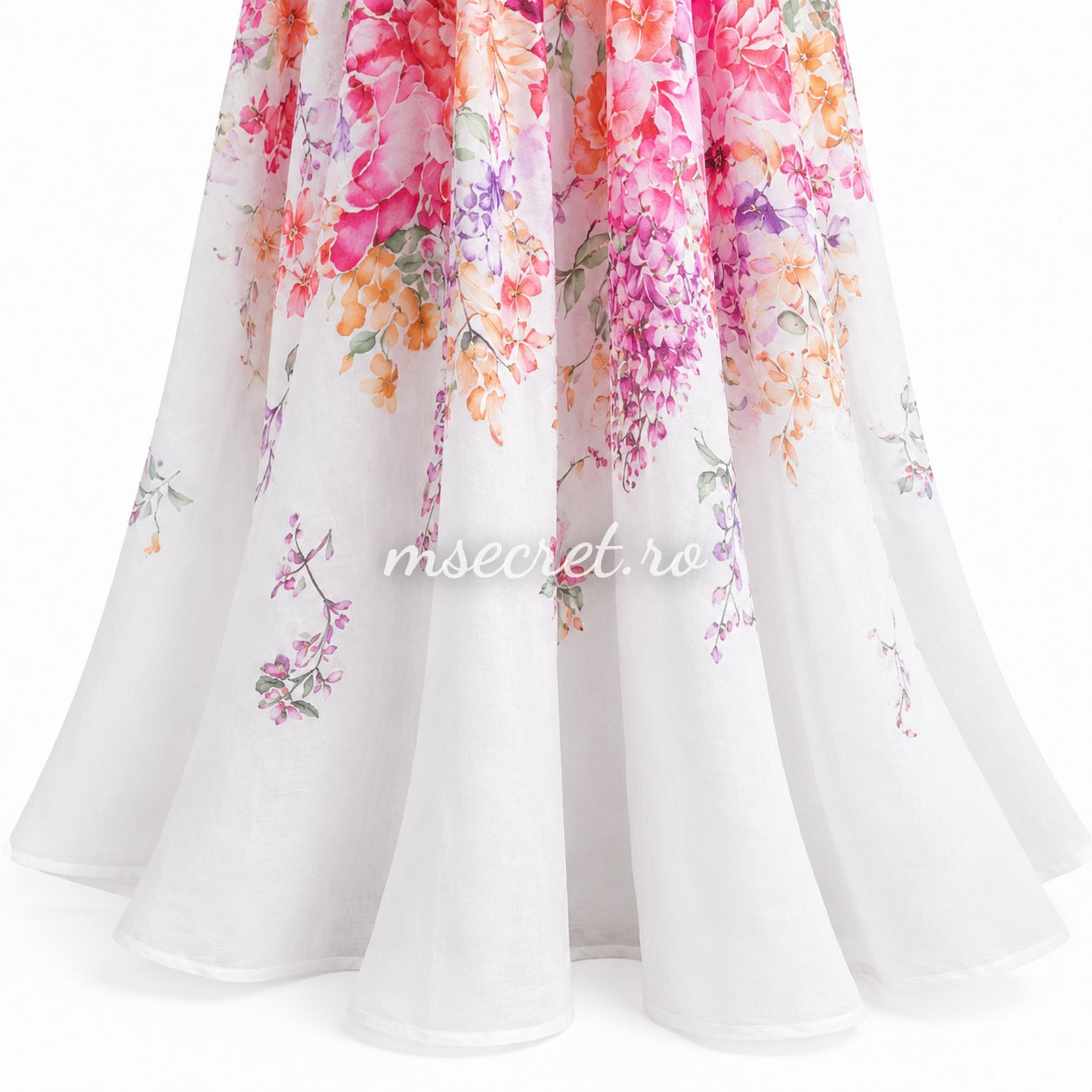 Rochie roz din in cu imprimeu floral și aplicații 3D