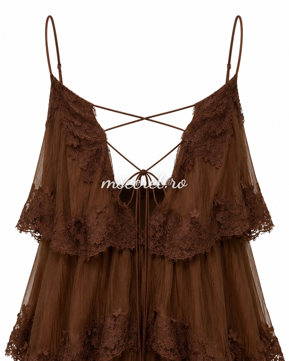 Rochie lunga maro cu volane si dantela romantica