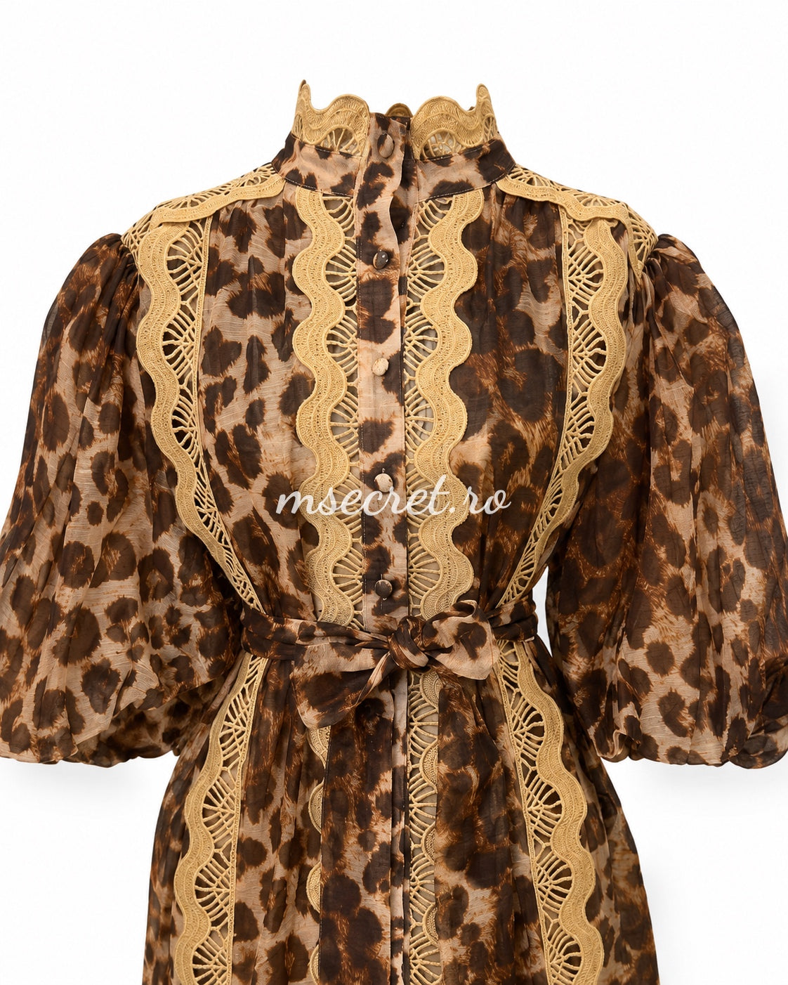 Animal print dress with gold embroidery and puff sleeves