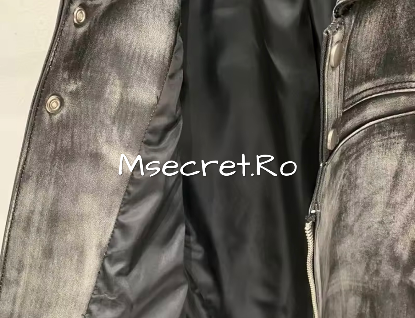 Geaca din piele naturala gri model biker premium, efect vintage
