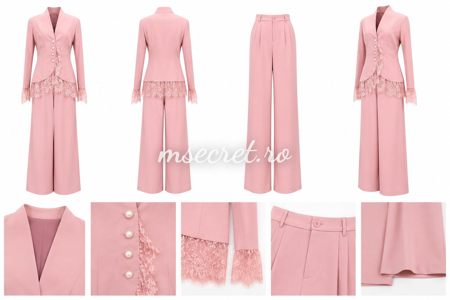 Compleu elegant roz cu sacou si pantaloni largi din dantela
