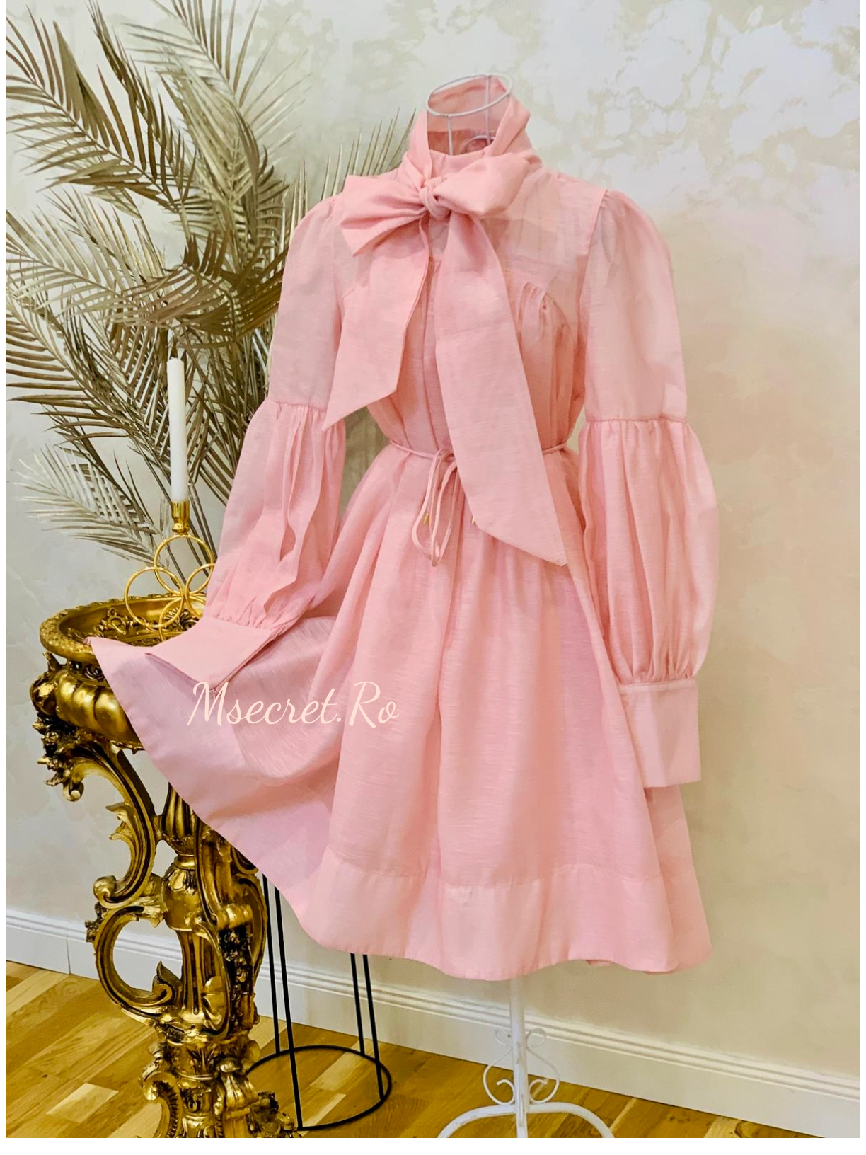Pastel pink long-sleeved linen and cotton dress with adjustable waist