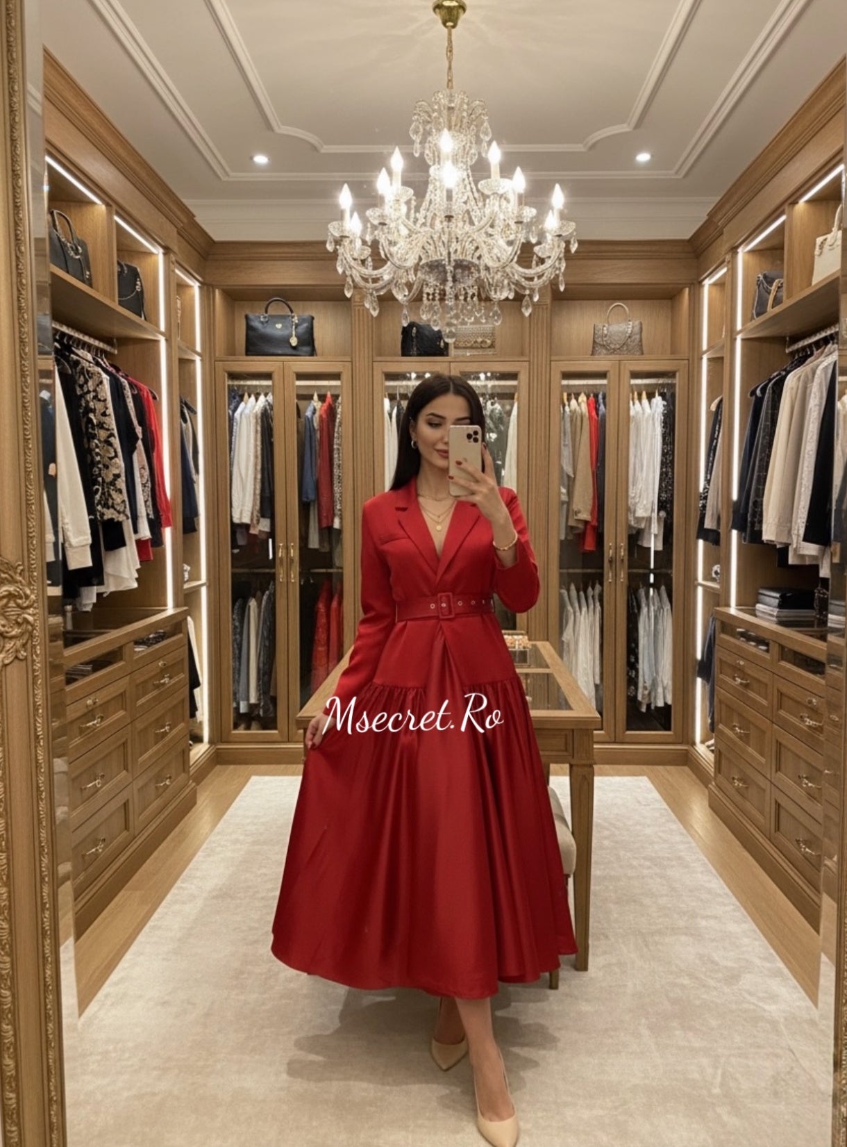 Rochie midi rosie tip sacou