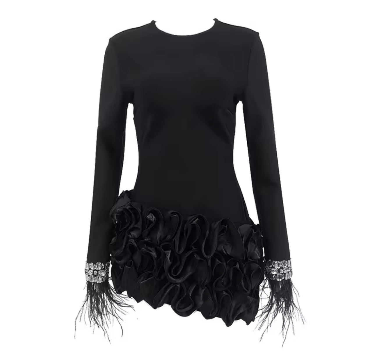Rochie neagră scurtă cu pene și volane satinate