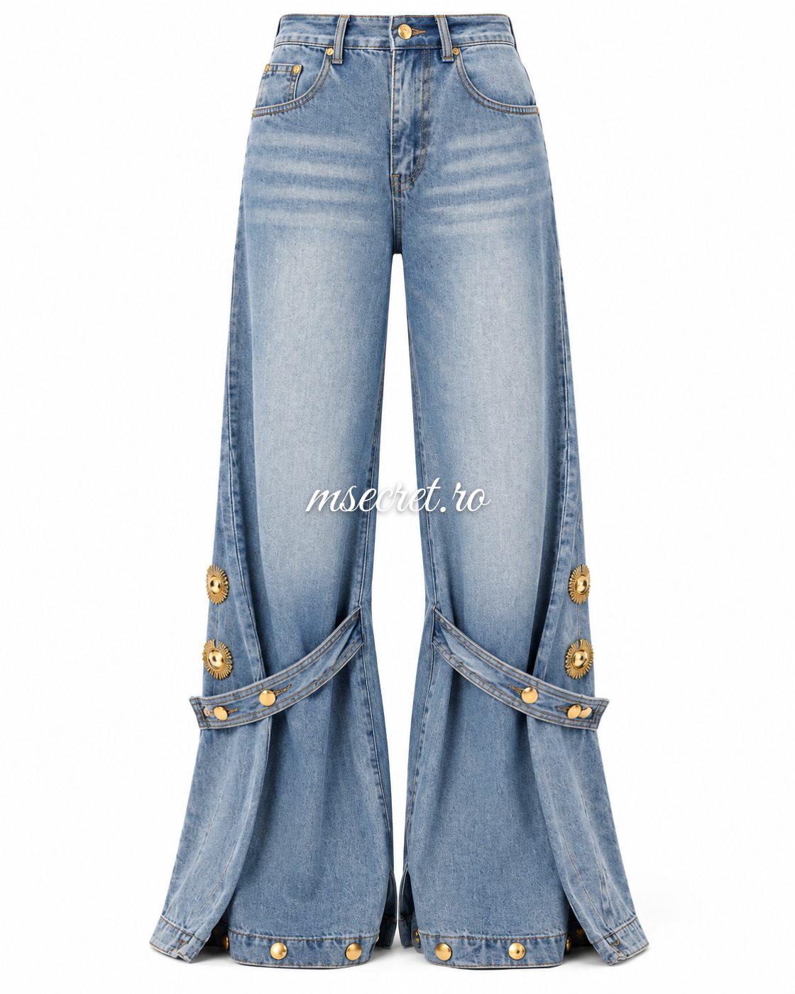Blugi bleu wide leg cu detalii aurii detasabile - detaliu