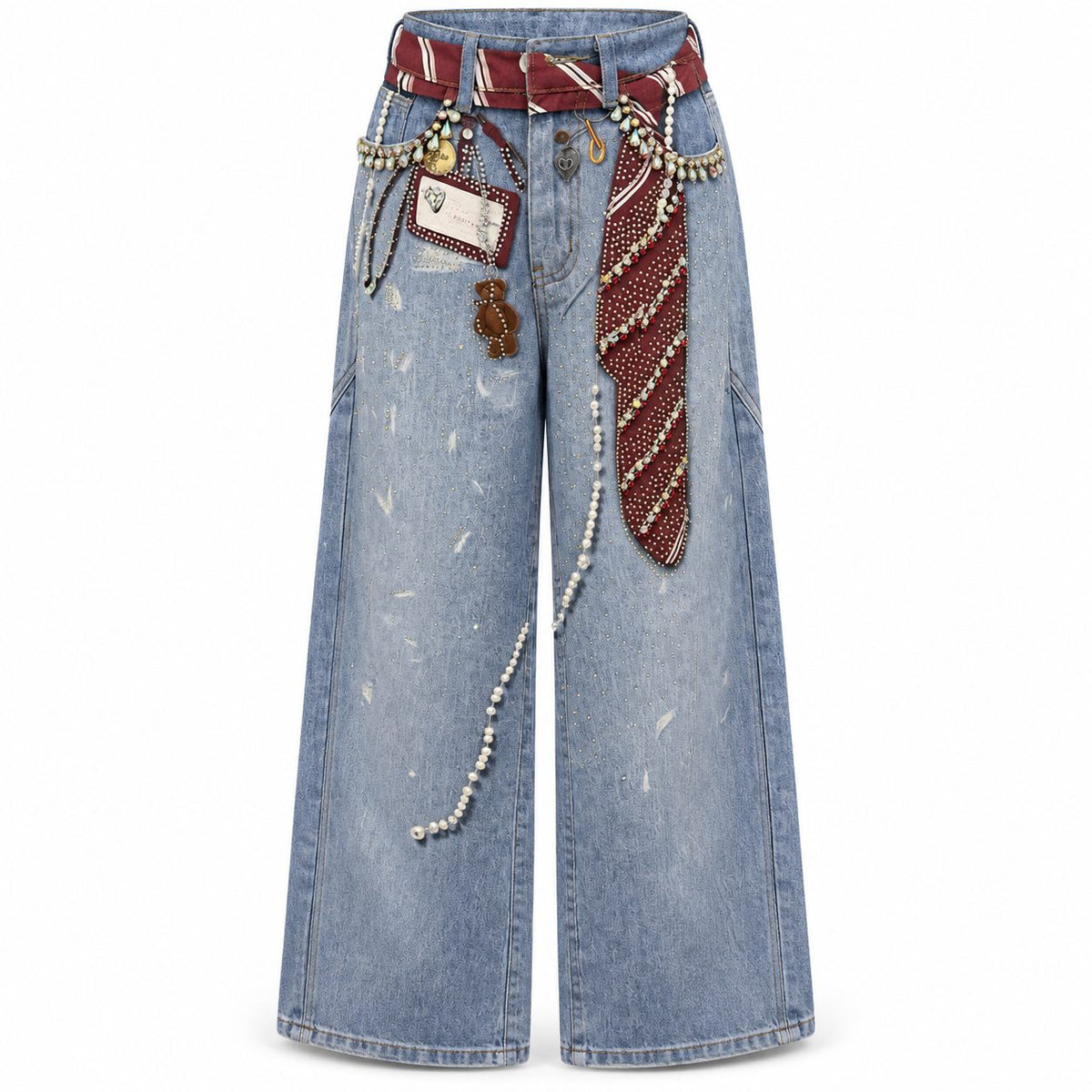 Blugi wide leg cu curea decorata cu pietre si perle