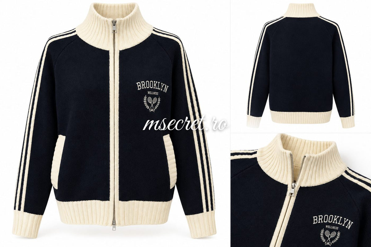 Bluza din mohair cu fermoar, bleumarin cu dungi