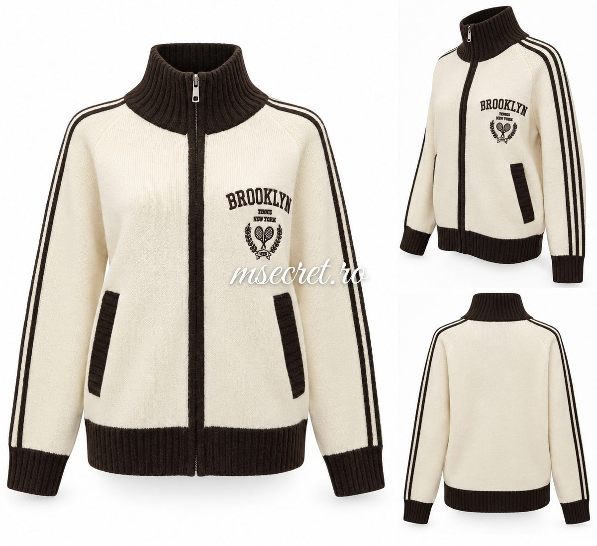 Bluza din mohair cu fermoar, crem cu dungi