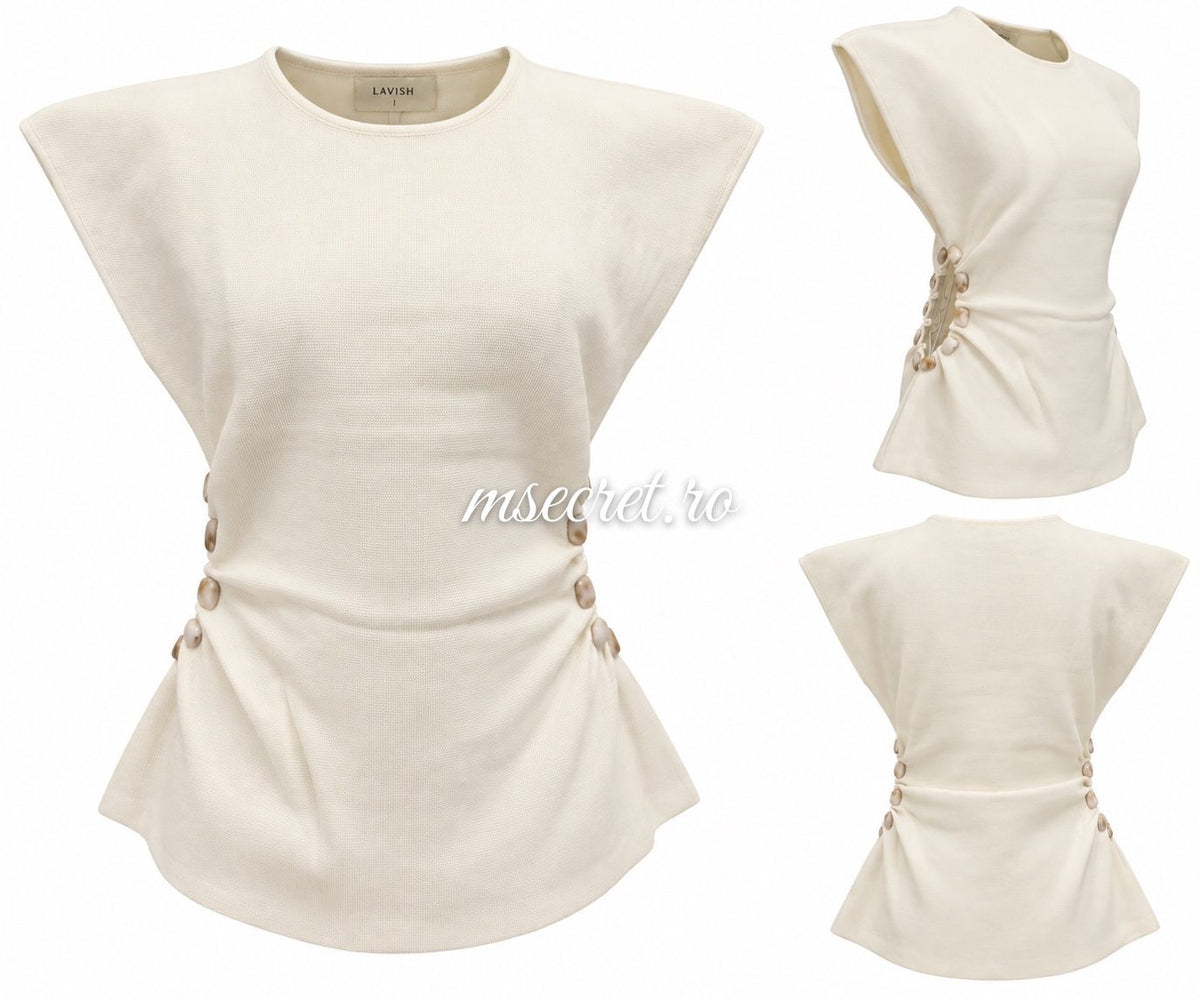 Bluza tricot crem cu nasturi laterali si umeri accentuati