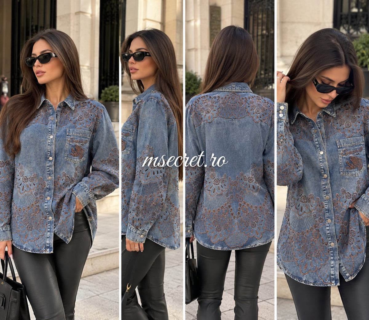 Camasa din denim cu broderie florala perforata - colaj