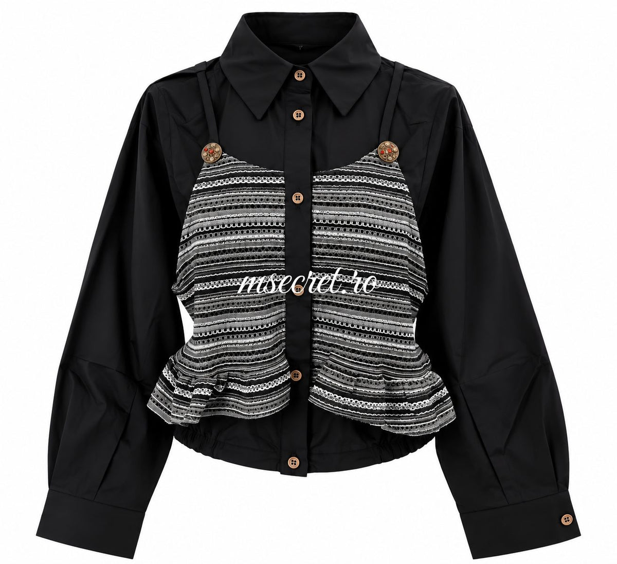 Camasa neagra din bumbac cu insertie tip corset - vedere din fata